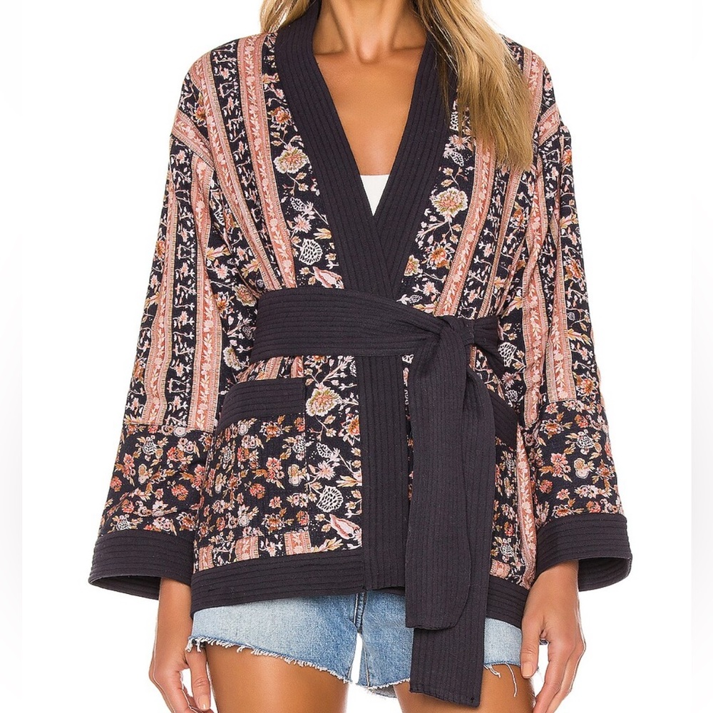 Cleobella Black and Pink Floral Kimono Jacket
